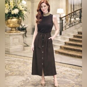 NWT BROCHU WALKER Capri Belted Button-Front Midi Skirt Morel M MSRP $368